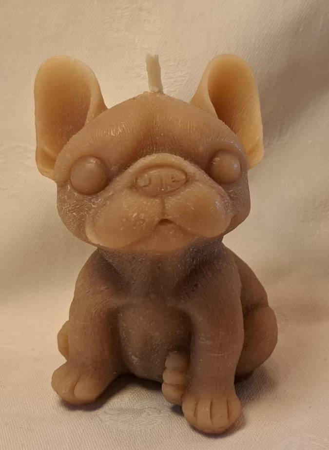 Front view of beeswax French Bulldog candle